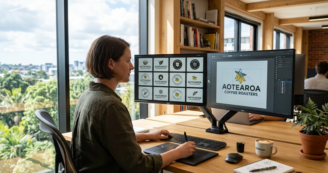A graphic designer refining AI concepts in a studio