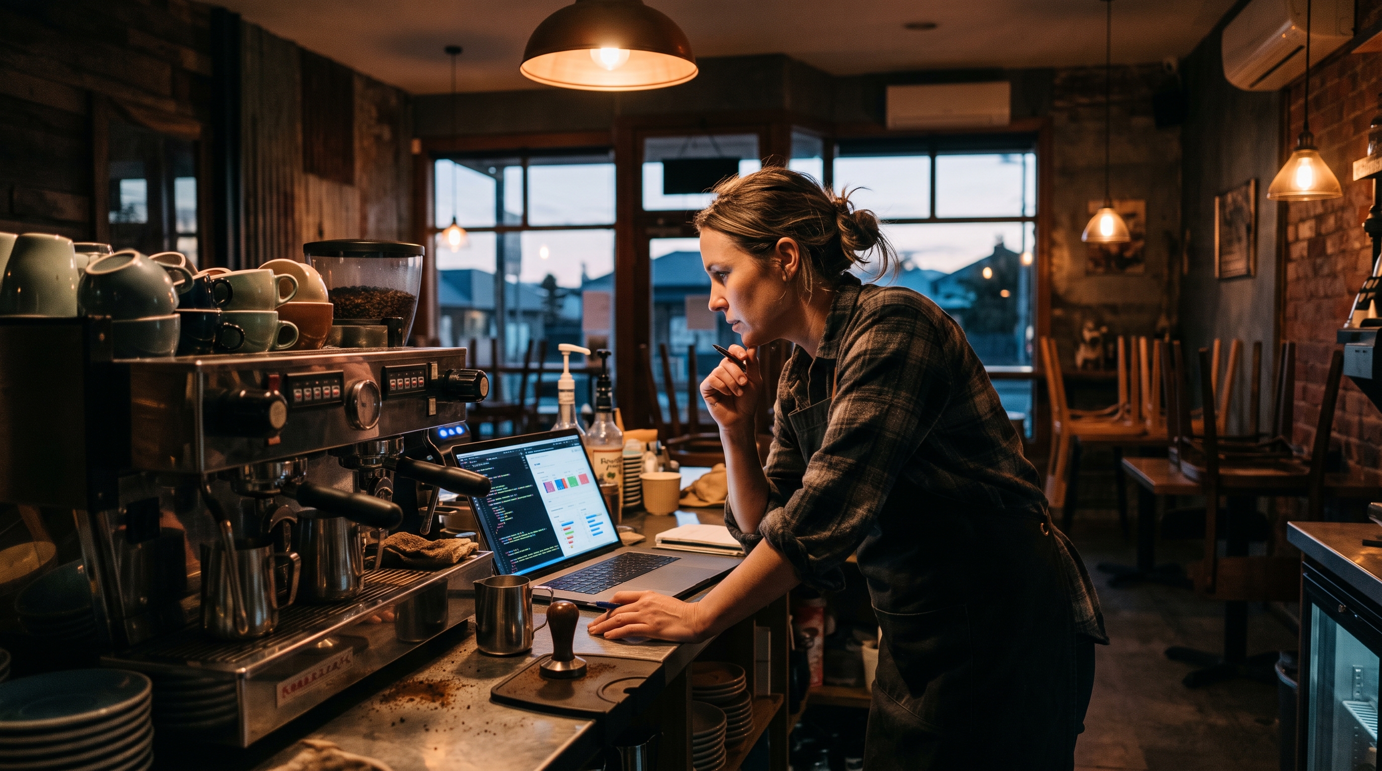 Cafe owner reviewing serverless website code